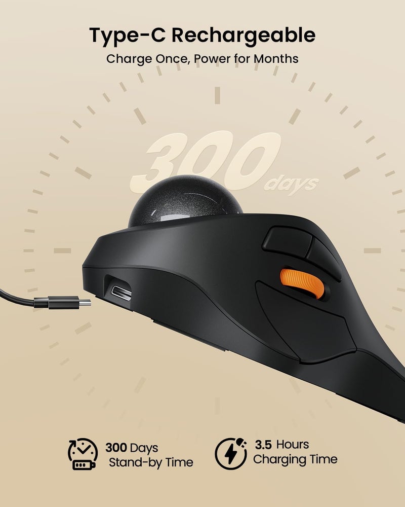 ProtoArc فأرة تتبع الكرة اللاسلكية بلوتوث، EM03 NL فأرة رولربول مريحة قابلة لإعادة الشحن، متوافقة مع 3 أجهزة، متوافقة مع الكمبيوتر، آيباد، ماك، ويندوز - كرة رمادية - Image 4